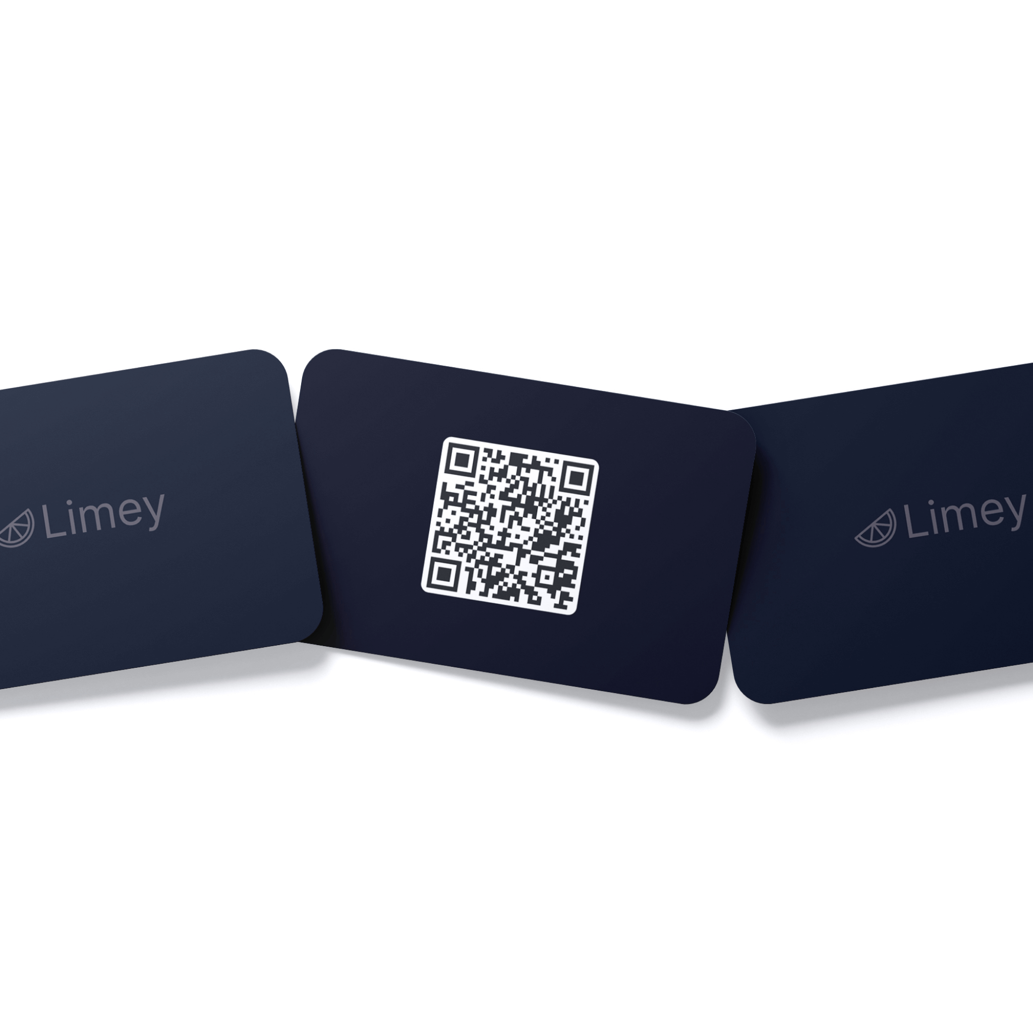 Three diagonally stacked dark business cards with "Limey" and a stylized lime slice logo in the center.