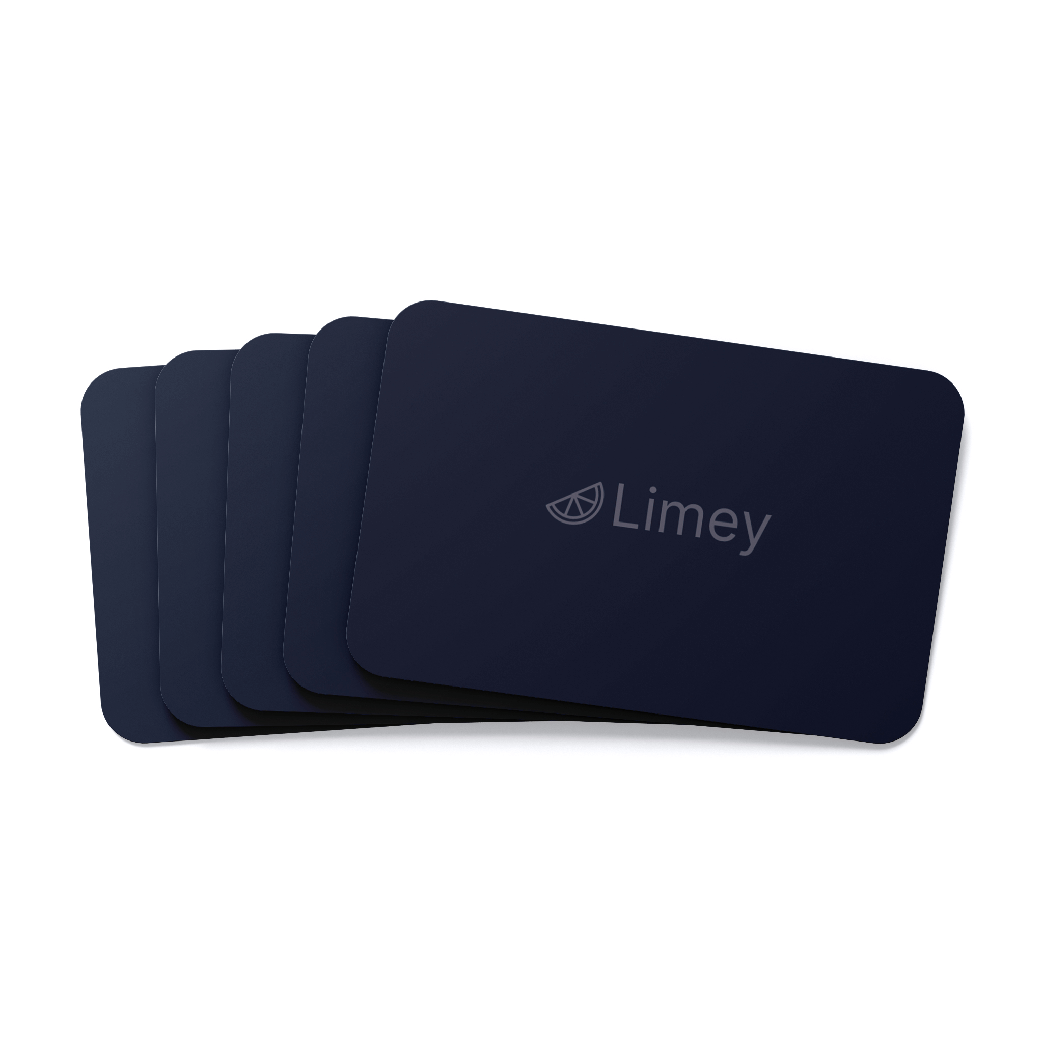 Five diagonally stacked dark business cards with "Limey" and a stylized lime slice logo in the center.